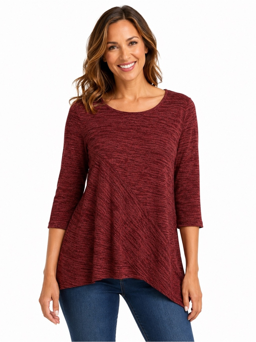 LINKS Women’s  Maroon Heathered 3/4 sleeve blouse asymmetrical hemline Large